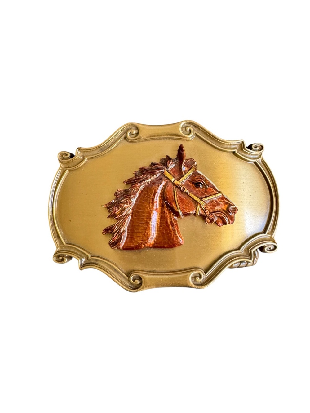 Vintage Western Belt‎ Buckle Horse Head Mustang Pony Raintree 1980s Enamel USA